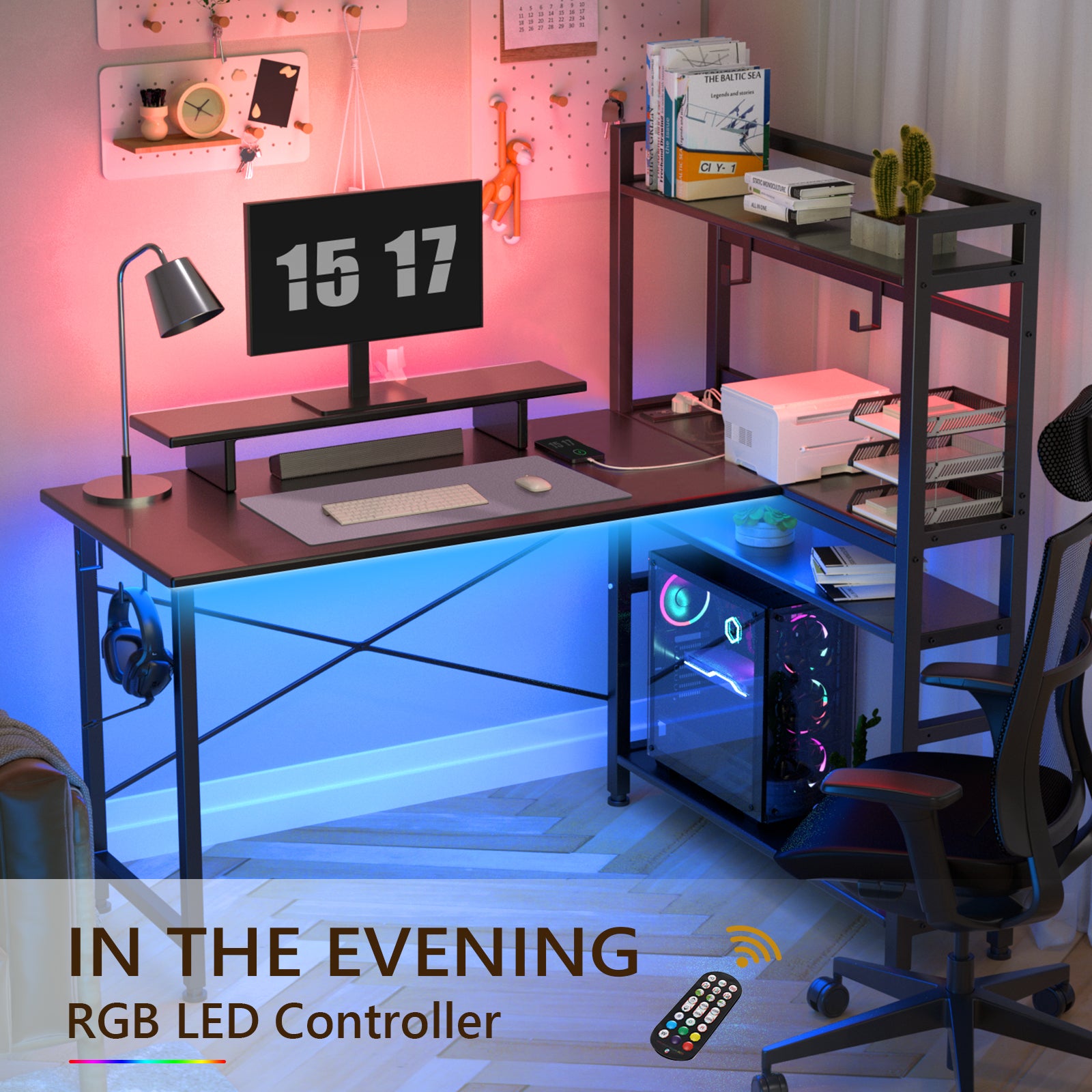 L-Shaped LED Gaming Desk with Monitor Stand - GTRACING