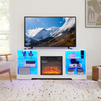 TV Stand Electric Fireplace TV Stand with Glass Shelves, 3D Fireplace TV Stand with LED Lights Wood with USB Charging Outlet Modern Television Table Center for TV up to 32-62' White 58''W*15.4''D*24.4