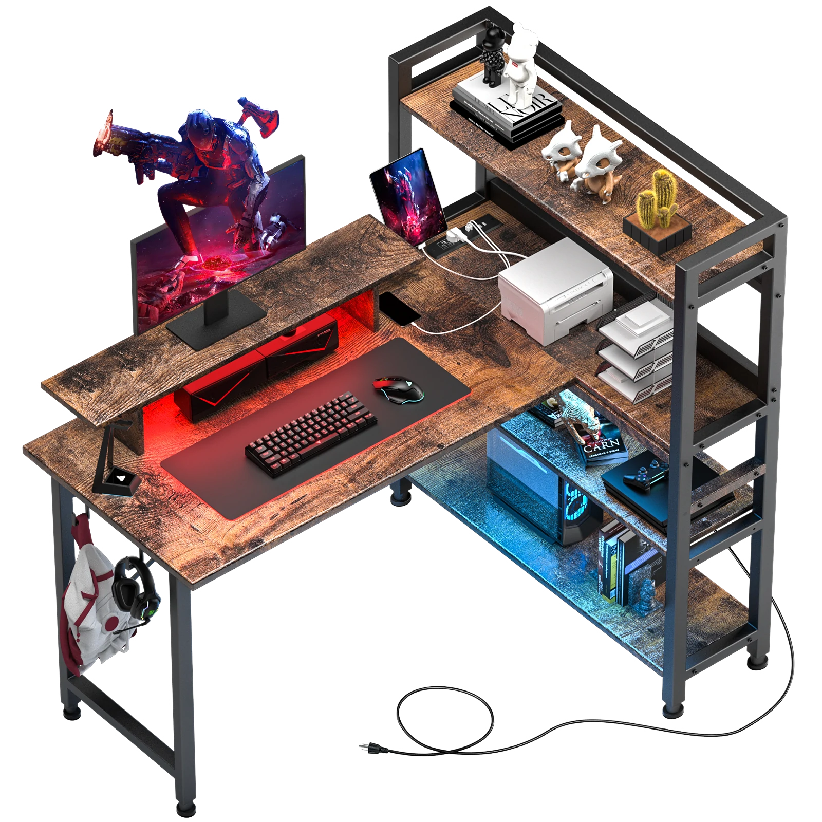 L-Shaped LED Gaming Desk with Monitor Stand