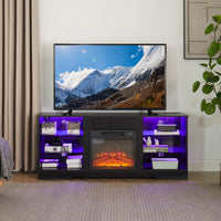 TV Stand Electric Fireplace TV Stand with Glass Shelves, 3D Fireplace TV Stand with LED Lights Wood with USB Charging Outlet Modern Television Table Center for TV up to 32-62' Black 58''W*15.4''D*24.4