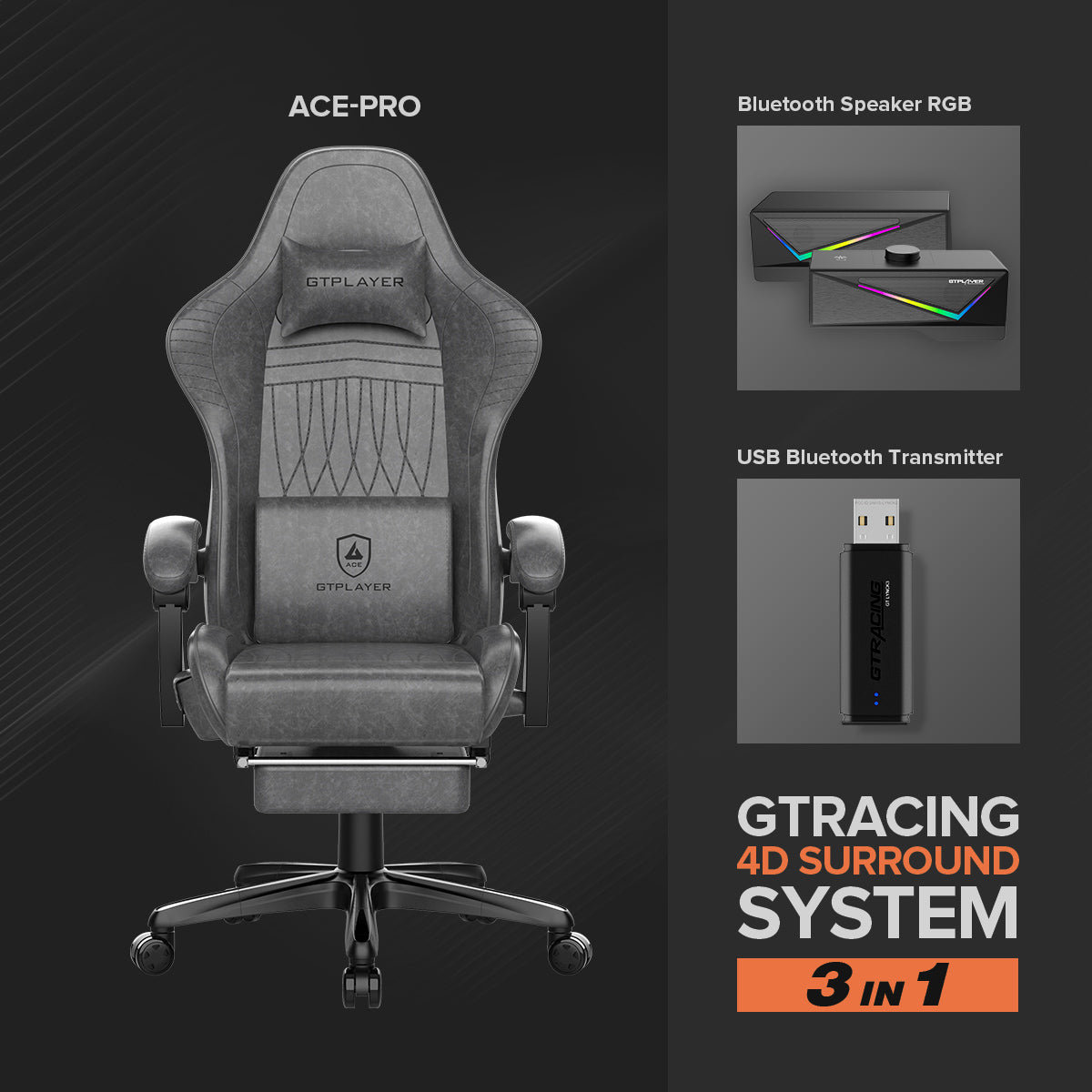 GTRACING 4D Surround System (Ace-Pro, Bluetooth Speaker, and USB transmitter 3 in 1) - GTRACING