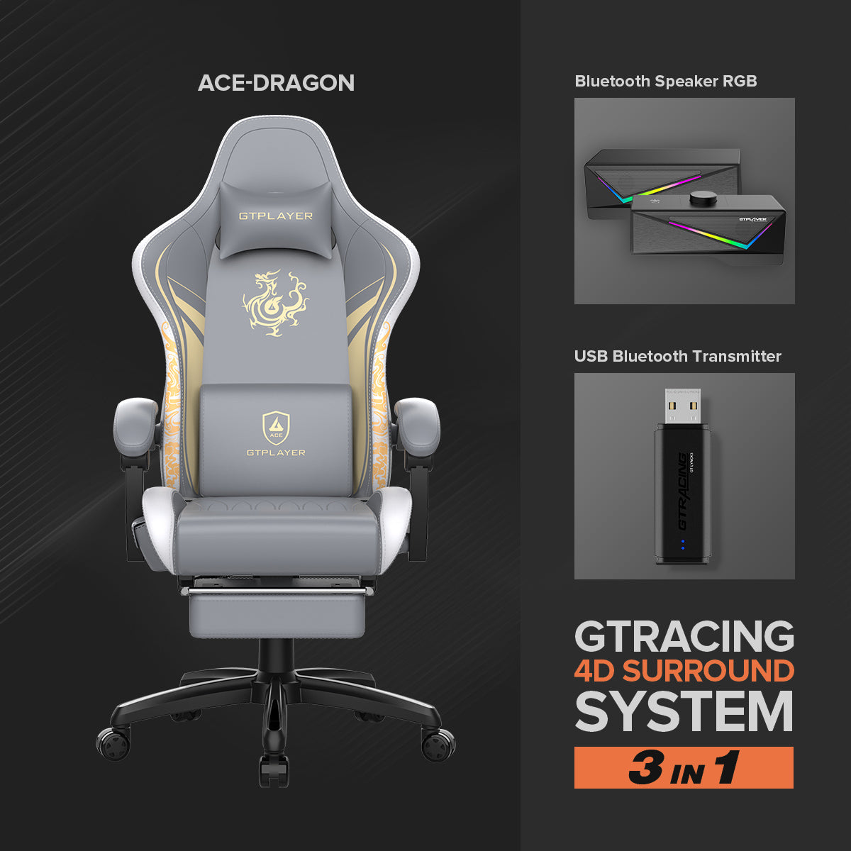 GTRACING 4D Surround System (Ace-Dragon, Bluetooth Speaker, and USB transmitter 3 in 1) - GTRACING