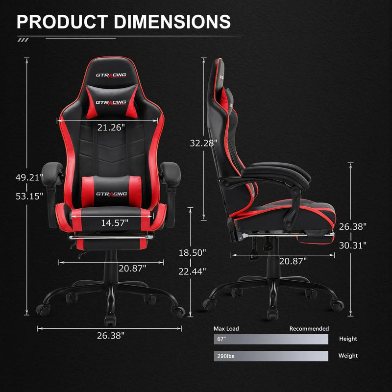 GTRACING GTWD-200 Gaming Chair with Footrest, Adjustable Height, and Reclining, Red - GTRACING